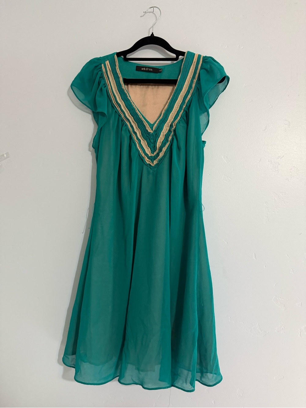 Y2K Style Teal V-Neck Flutter Sleeve Dress